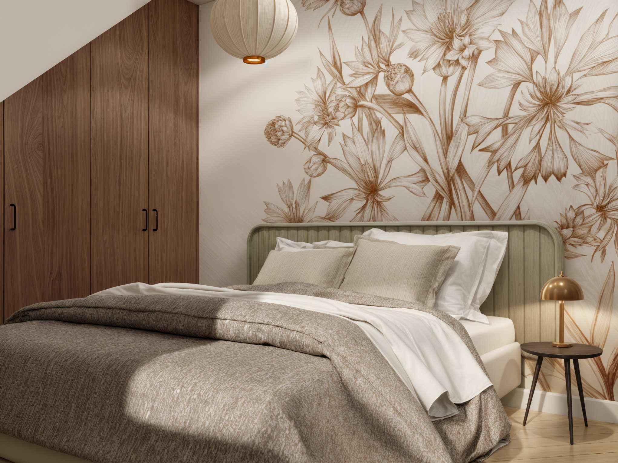 Przytulna sypialnia z drewnianą szafą w skosie, łóżkiem z zielonym zagłówkiem i ścianą zdobioną motywem kwiatowym w odcieniach brązu. Całość dopełnia okrągła lampa.