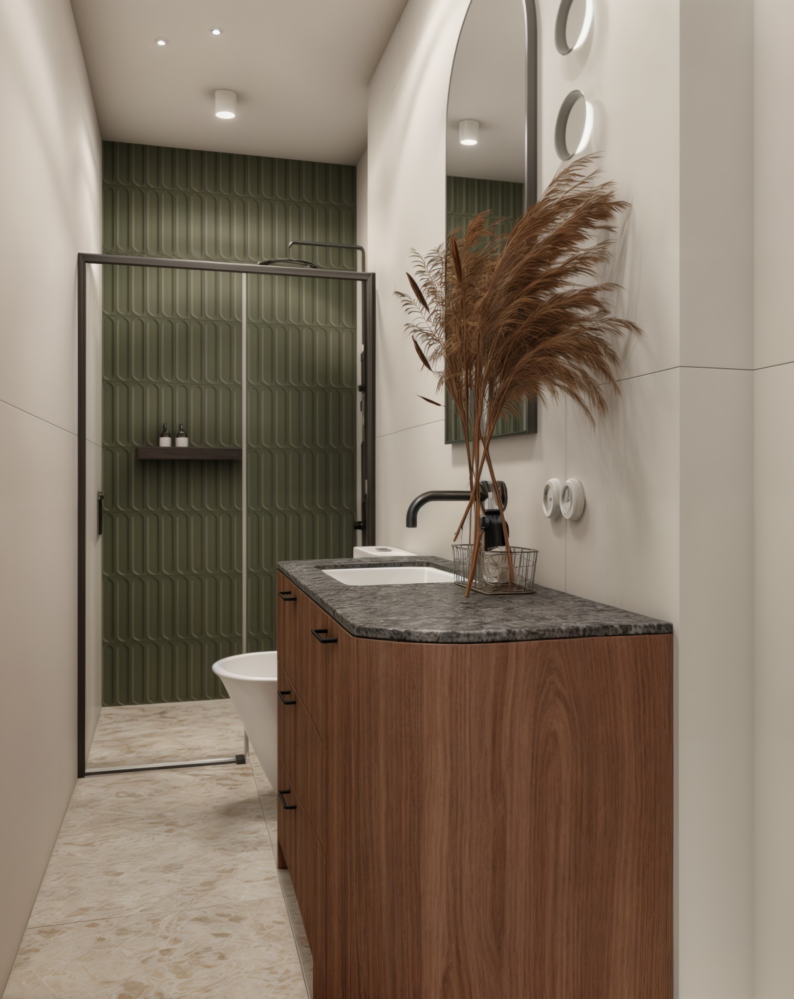 Nowoczesna łazienka z kabiną prysznicową i umywalką na szafce z drewnianym fornirem, akcentem w postaci trawy pampasowej i zielonych płytek.