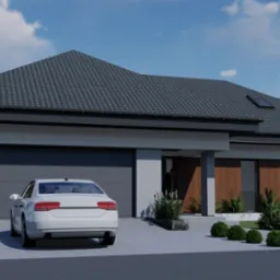 Wizualizacja nowoczesnego, parterowego domu jednorodzinnego z garażem, białymi ścianami i szarym dachem z dachówki, z podjazdem wyłożonym kostką brukową, na którym stoi biały samochód osobowy.
