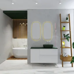 Nowoczesna łazienka z wanną wolnostojącą, umywalką nablatową w kolorze butelkowej zieleni i drewnianą drabinką z roślinami, oświetlona lampą wiszącą z kulistymi kloszami.