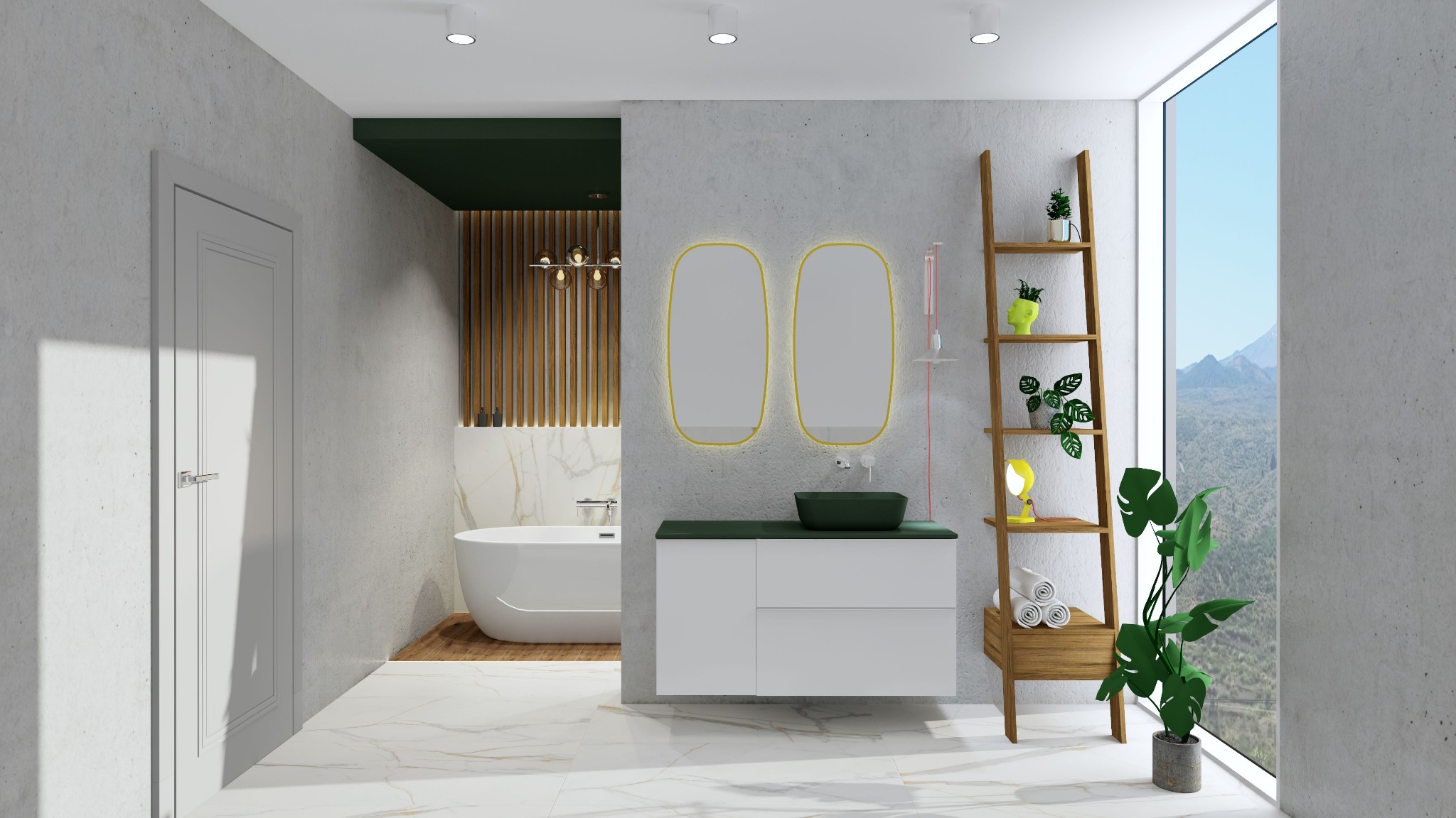 Nowoczesna łazienka z wanną wolnostojącą, umywalką nablatową w kolorze butelkowej zieleni i drewnianą drabinką z roślinami, oświetlona lampą wiszącą z kulistymi kloszami.