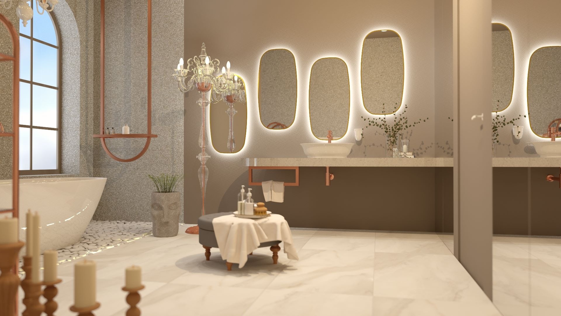 Elegancka łazienka z wanną wolnostojącą, trzema podświetlanymi lustrami o zaokrąglonym kształcie, marmurową podłogą i dekoracyjnym żyrandolem.