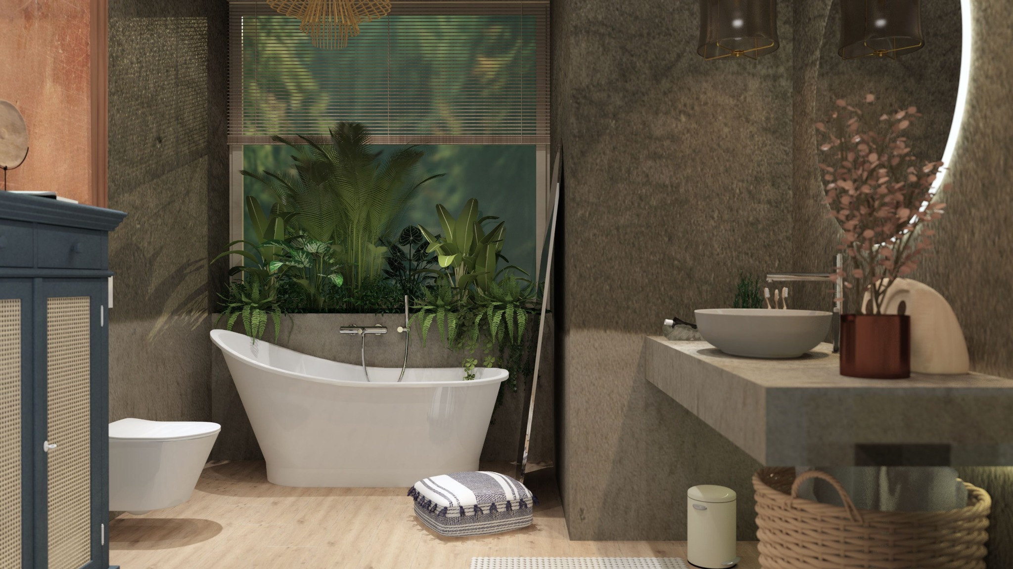 Nowoczesna łazienka z wolnostojącą wanną, roślinami w oknie i kamienną ścianą, oświetlona wiszącymi lampami.