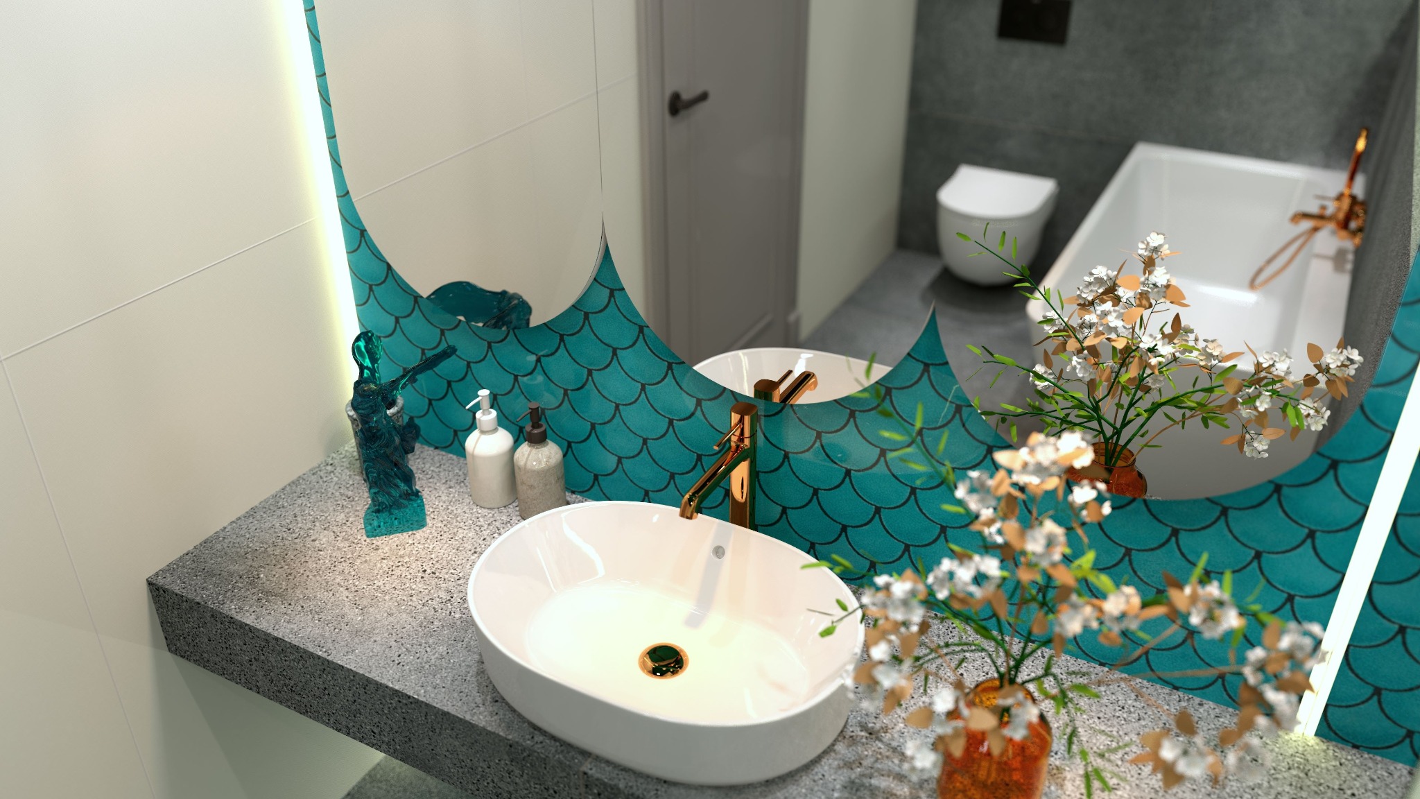 Nowoczesna łazienka z owalną umywalką nablatową, złotą armaturą i lustrem w kształcie rybich łusek, uzupełniona dekoracyjną figurką i kwiatami w wazonie.