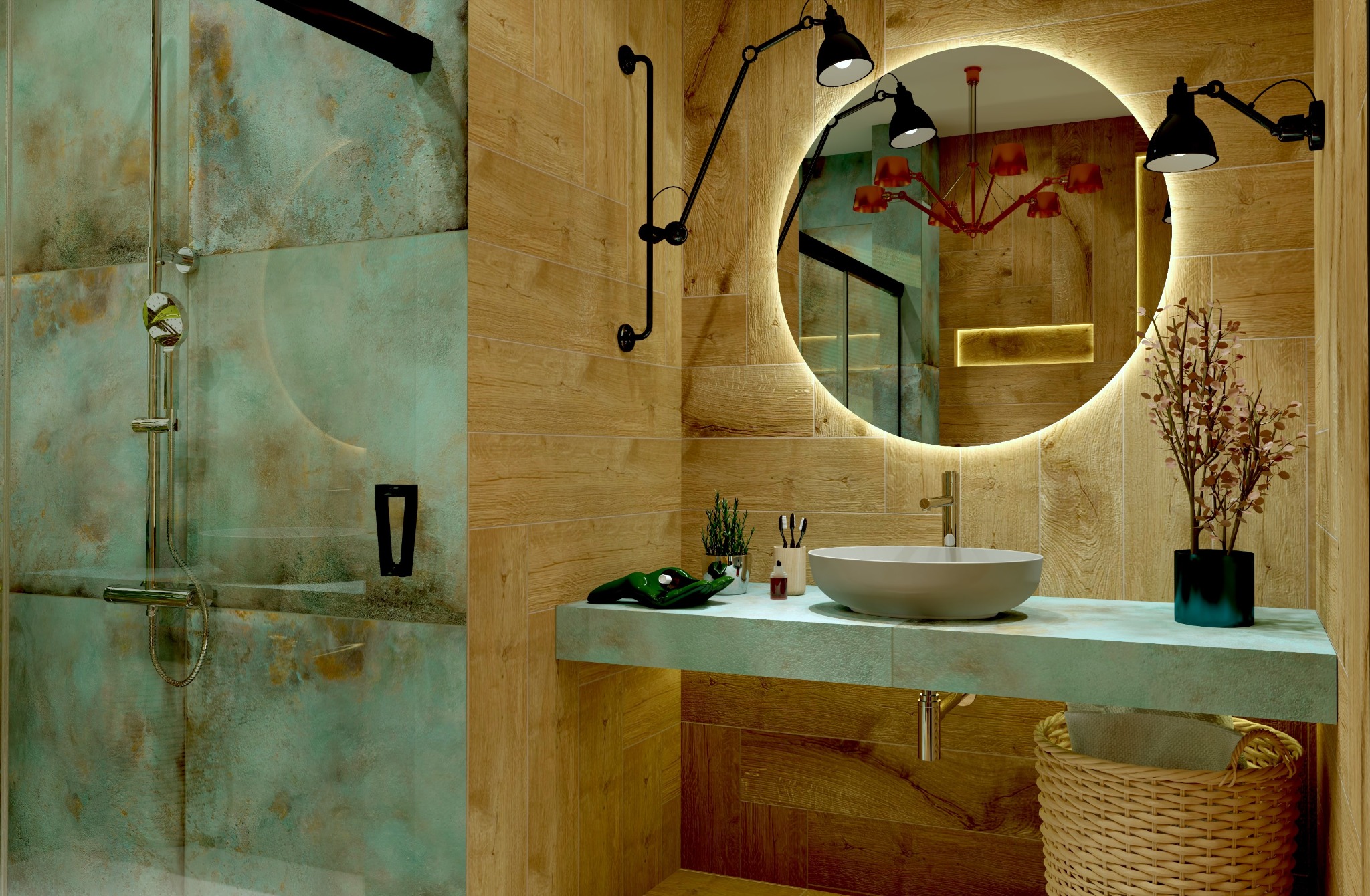 Nowoczesna łazienka z drewnopodobnymi płytkami, okrągłym lustrem z podświetleniem LED, umywalką nablatową i zielono-złotą kabiną prysznicową.