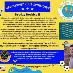 KLUB DZIECIĘCY - ŻŁOBEK KOCHANE URWISY - Plakat reklamowy żłobka 'Kochane Urwisy' informujący o zajęciach sportowych i ogólnorozwojowych dla dzieci, prowadzonych przez pedagoga i trenera piłkarskiego Mateusza Kalinowskiego, z elementami...