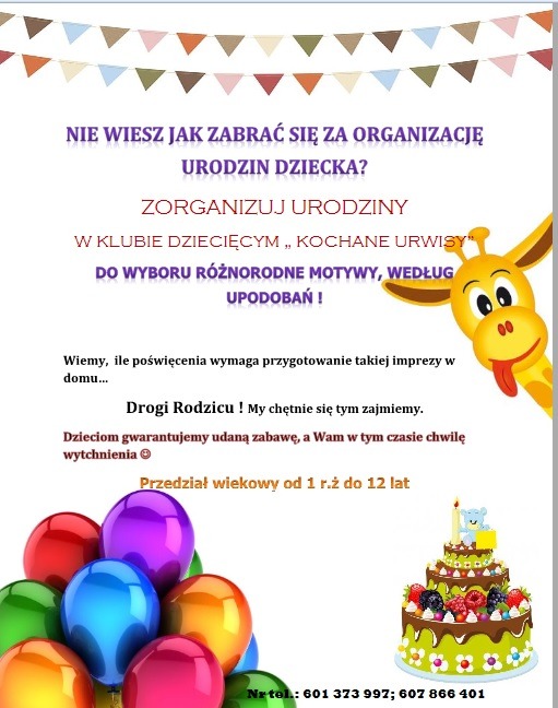 Plakat reklamowy klubu dziecięcego 'Kochane Urwisy' zapraszający do organizacji urodzin dziecka, z motywami urodzinowymi, balonami i tortem. Przeznaczony dla dzieci w wieku od 1 do 12 lat.