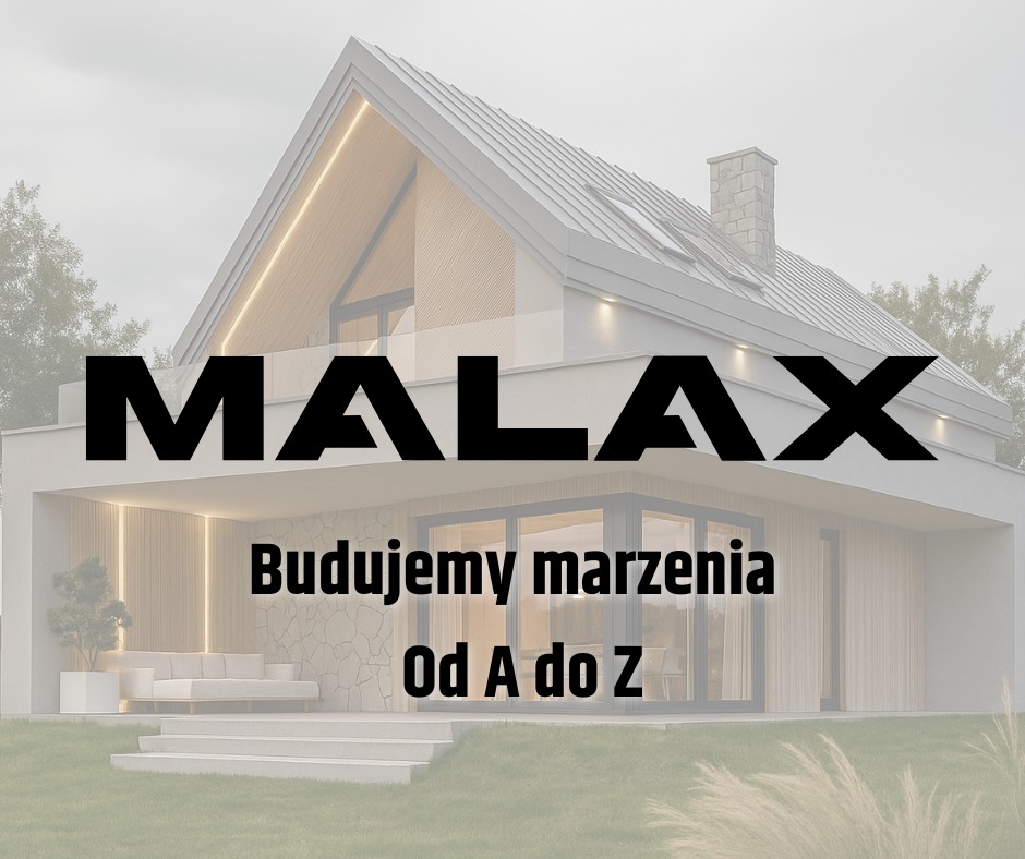 Wizualizacja domu z szarym dachem, dużymi oknami i tarasem. Na pierwszym planie trawa i logo firmy budowlanej MALAX 'Budujemy marzenia od A do Z'.
