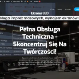 Strona internetowa firmy oferującej obsługę techniczną imprez masowych i wynajem ekranów LED, z widocznym panelem nawigacyjnym i tekstem 'Pełna Obsługa Techniczna - Skoncentruj Się Na Twórczości!'