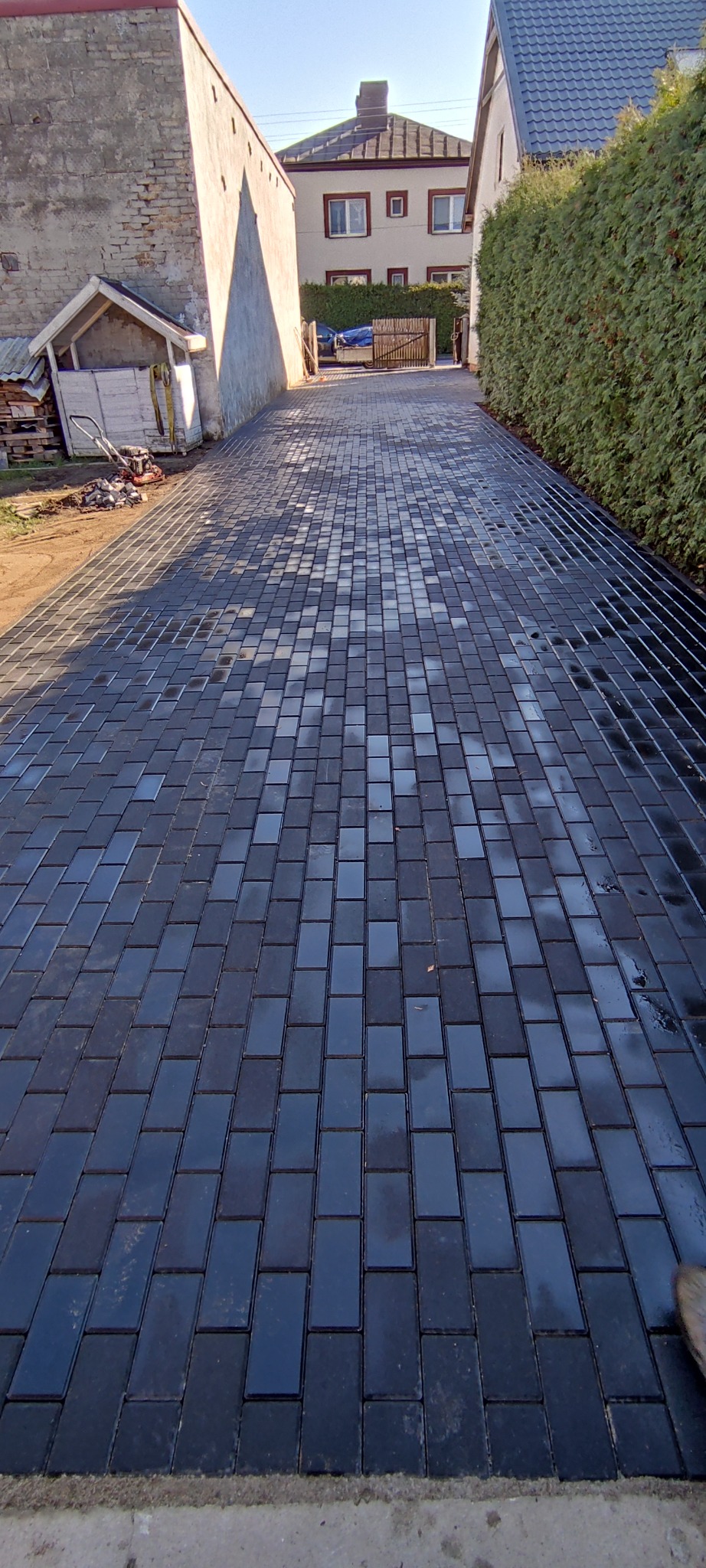 Ukończona nawierzchnia z ciemnej, prostokątnej kostki brukowej, ułożonej wzdłuż podjazdu do domu, z widoczną zielenią i budynkami w tle.