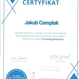 Certyfikat ze szkolenia z montażu  systemów marki DURO SYSTEM.
