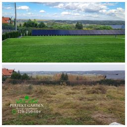 Perfekt Garden Usługi Ogrodnicze - Porównanie terenu przed i po: bujny, zielony trawnik z równo przyciętą trawą na górze, kontrastujący z zaniedbanym, zarośniętym terenem na dole. W tle widoczny krajobraz z zabudowaniami i panelami...