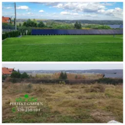 Por&oacute;wnanie terenu przed i po: bujny, zielony trawnik z r&oacute;wno przyciętą trawą na g&oacute;rze, kontrastujący z zaniedbanym, zarośniętym terenem na dole. W tle widoczny krajobraz z zabudowaniami i panelami...
