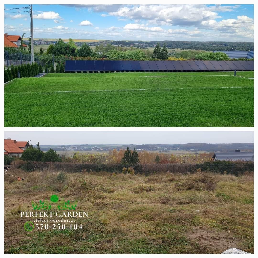 Porównanie terenu przed i po: bujny, zielony trawnik z równo przyciętą trawą na górze, kontrastujący z zaniedbanym, zarośniętym terenem na dole. W tle widoczny krajobraz z zabudowaniami i panelami...