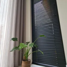 Minimalistyczne wnętrze z czarnymi żaluzjami poziomymi, jasnymi zasłonami i rośliną doniczkową w plecionym koszu, całość utrzymana w stonowanej kolorystyce szarości i czerni.