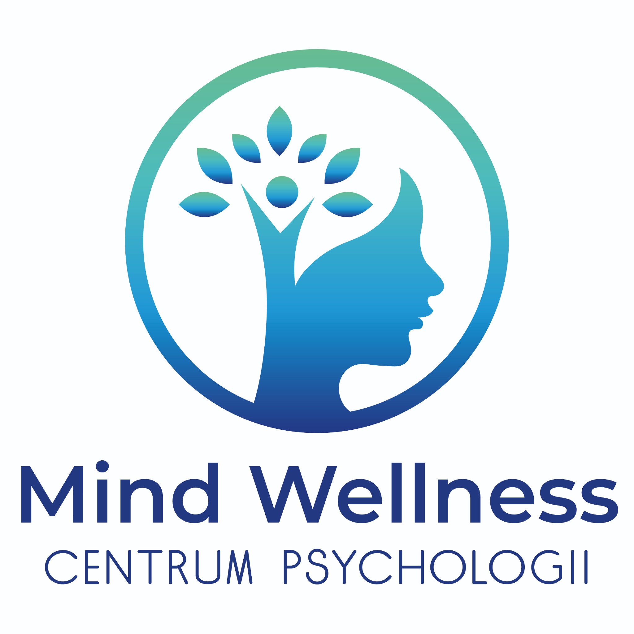 Logo Centrum Psychologii Mind Wellness: Stylizowana głowa kobiety w profilu wpisana w okrąg z motywem drzewa z liśćmi w kształcie kropli.