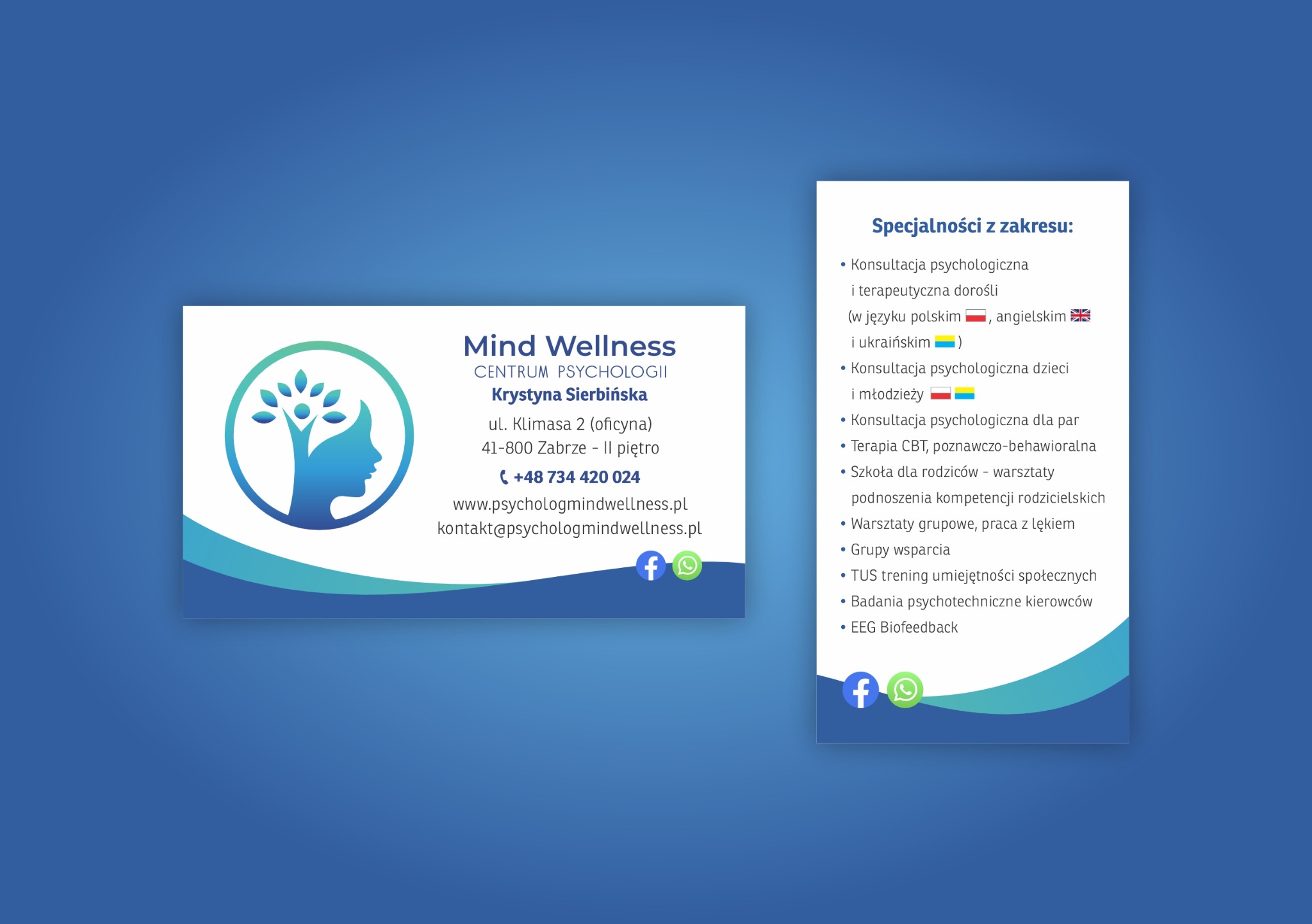Wizytówka Centrum Psychologii Mind Wellness z Zabrza, prezentująca logo z motywem drzewa i profilu twarzy, dane kontaktowe Krystyny Sierbińskiej oraz listę specjalności, w tym konsultacje...