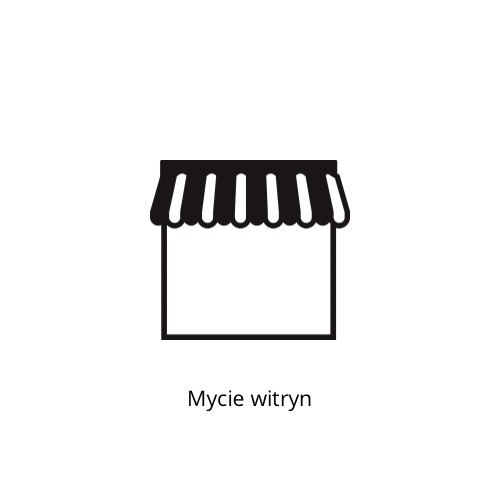 Czarno-biały ikona przedstawiająca witrynę sklepową z markizą, podpisana tekstem 'Mycie witryn'.