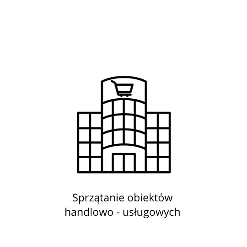 Czarno-biała ikona przedstawiająca budynek centrum handlowego z wózkiem na zakupy na dachu, symbolizująca usługi porządkowe.