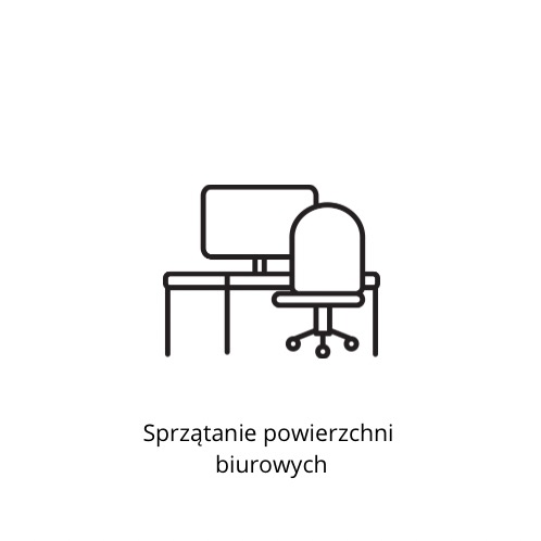 Minimalistyczna ikona przedstawiająca biurko z komputerem i krzesłem biurowym na białym tle.