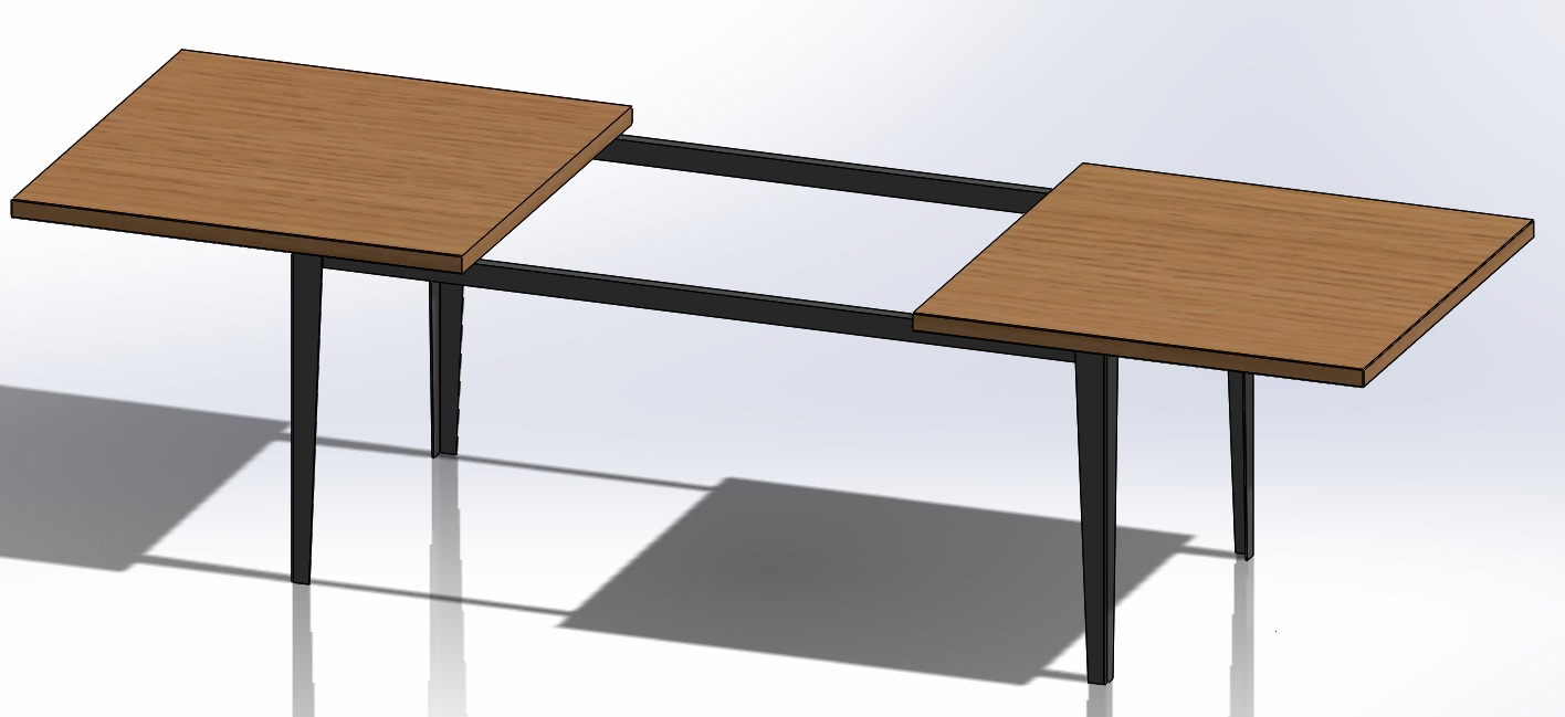 Wizualizacja 3D rozsuwanego stołu z drewnianym blatem i metalową ramą, widok z perspektywy.