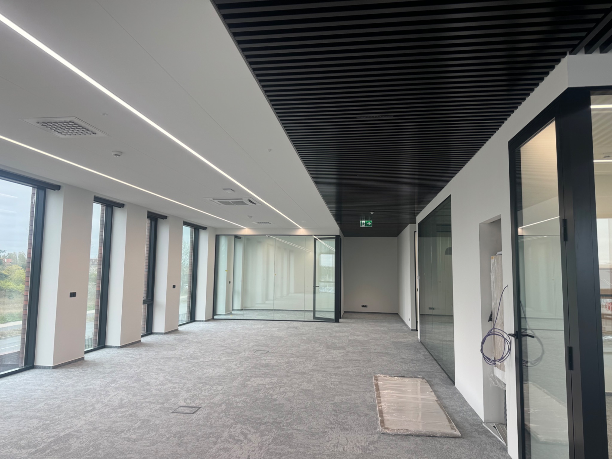Wykończone biuro w Toruniu: szara wykładzina dywanowa, czarny sufit rastrowy, białe ściany, duże okna. Nowoczesne wnętrze biurowe po remoncie.