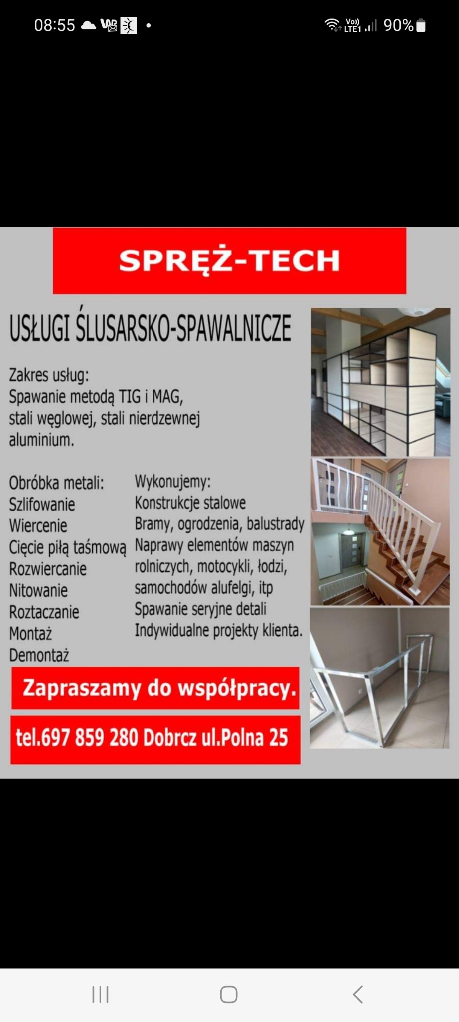 Ulotka firmy Spręż-Tech oferującej usługi ślusarsko-spawalnicze, w tym konstrukcje stalowe, bramy, ogrodzenia, balustrady, spawanie metodą TIG i MAG, z przykładowymi realizacjami na zdjęciach...