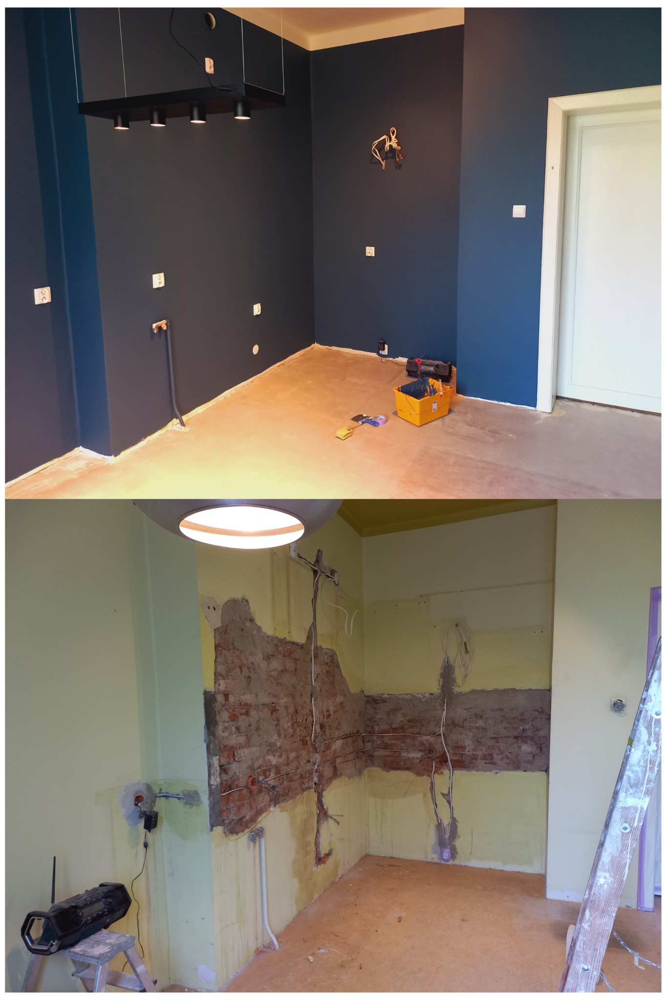 Dwa ujęcia remontowanego pomieszczenia: górne z granatowymi ścianami, nowym oświetleniem i narzędziami, dolne z odsłoniętą cegłą, instalacjami i drabinką malarską, ukazujące różne etapy prac...