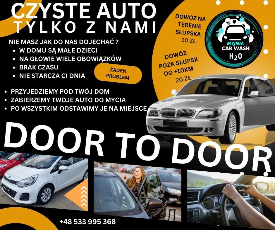Grafika reklamowa myjni samochodowej z hasłem 'Czyste auto tylko z nami', oferującej usługę door-to-door. Widoczny srebrny samochód z otwartymi drzwiami, logo myjni oraz zdjęcia klientów...