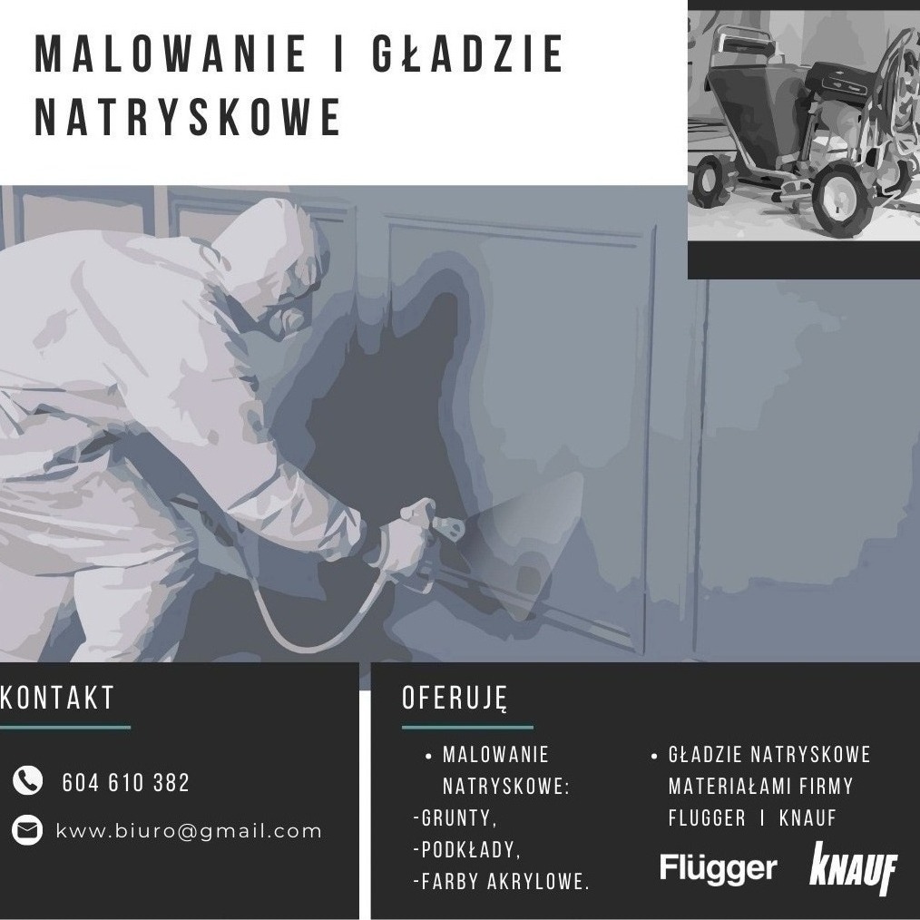 Grafika reklamowa prezentująca osobę w kombinezonie ochronnym, malującą natryskowo ścianę na szaro, z widocznym agregatem malarskim w tle oraz informacjami kontaktowymi i ofertą malowania i gładzi...