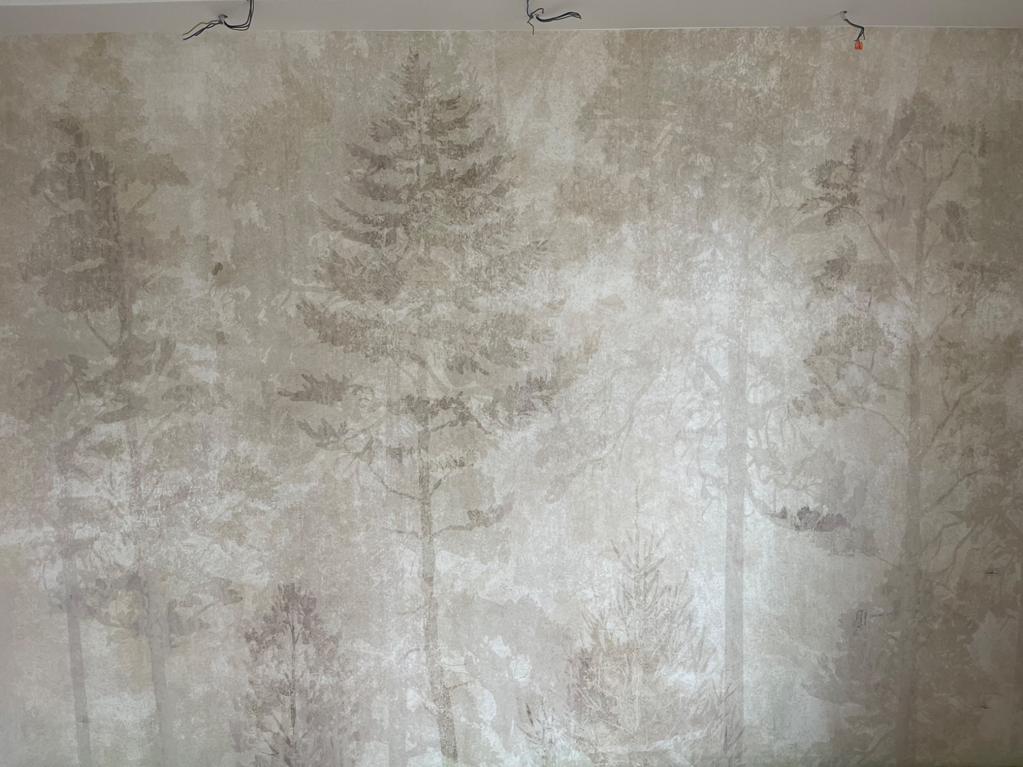 Ściana pokryta tapetą z motywem leśnym w odcieniach beżu i szarości, widoczne wystające kable elektryczne przy suficie.