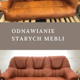 Dwuetapowe odnawianie skórzanej sofy: górne ujęcie ukazuje sofę na palecie podczas czyszczenia przez osobę w rękawiczkach, dolne ujęcie prezentuje odnowioną sofę z ciemnym drewnianym wykończeniem...