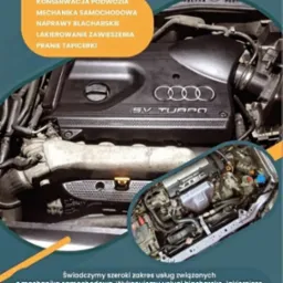 Silnik Audi 5V Turbo z widocznymi elementami mechanicznymi oraz wklejony w okręgu silnik VTEC Hondy, całość w graficznej ramce reklamowej.