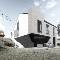 Wizualizacja nowoczesnego domu z elementami drewna i kamienia, z tarasem i schodami prowadzącymi do ogrodu, z sylwetkami ludzi i ptaków w tle.