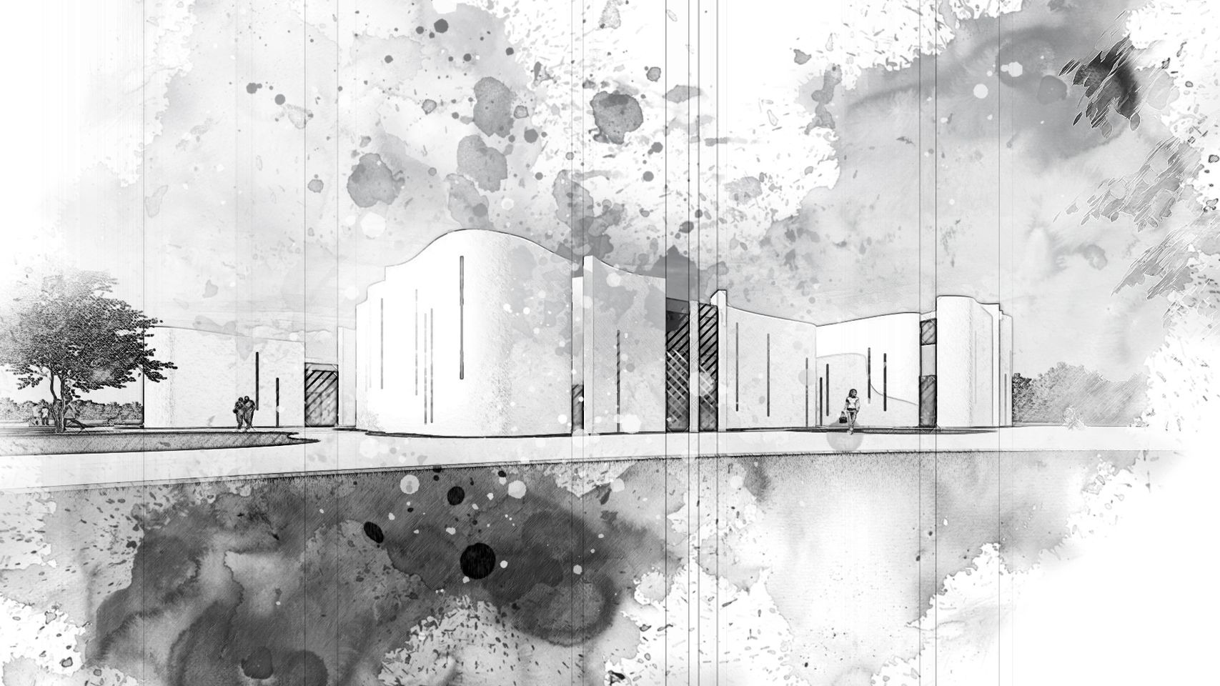 Szkic budynku usługowego w odcieniach szarości, z widocznymi detalami architektonicznymi i elementami otoczenia w stylu akwareli.