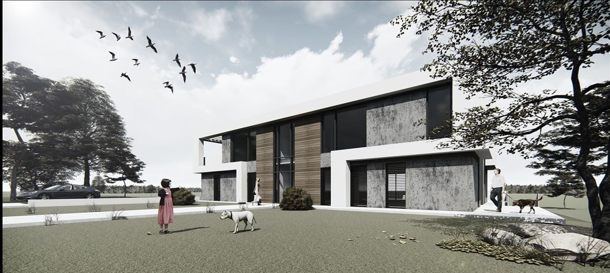 Wizualizacja nowoczesnego domu z płaskim dachem, elewacją z betonu architektonicznego i drewnianymi panelami, otoczonego zielonym trawnikiem, z sylwetkami ludzi i psów oraz stadem ptaków na niebie.