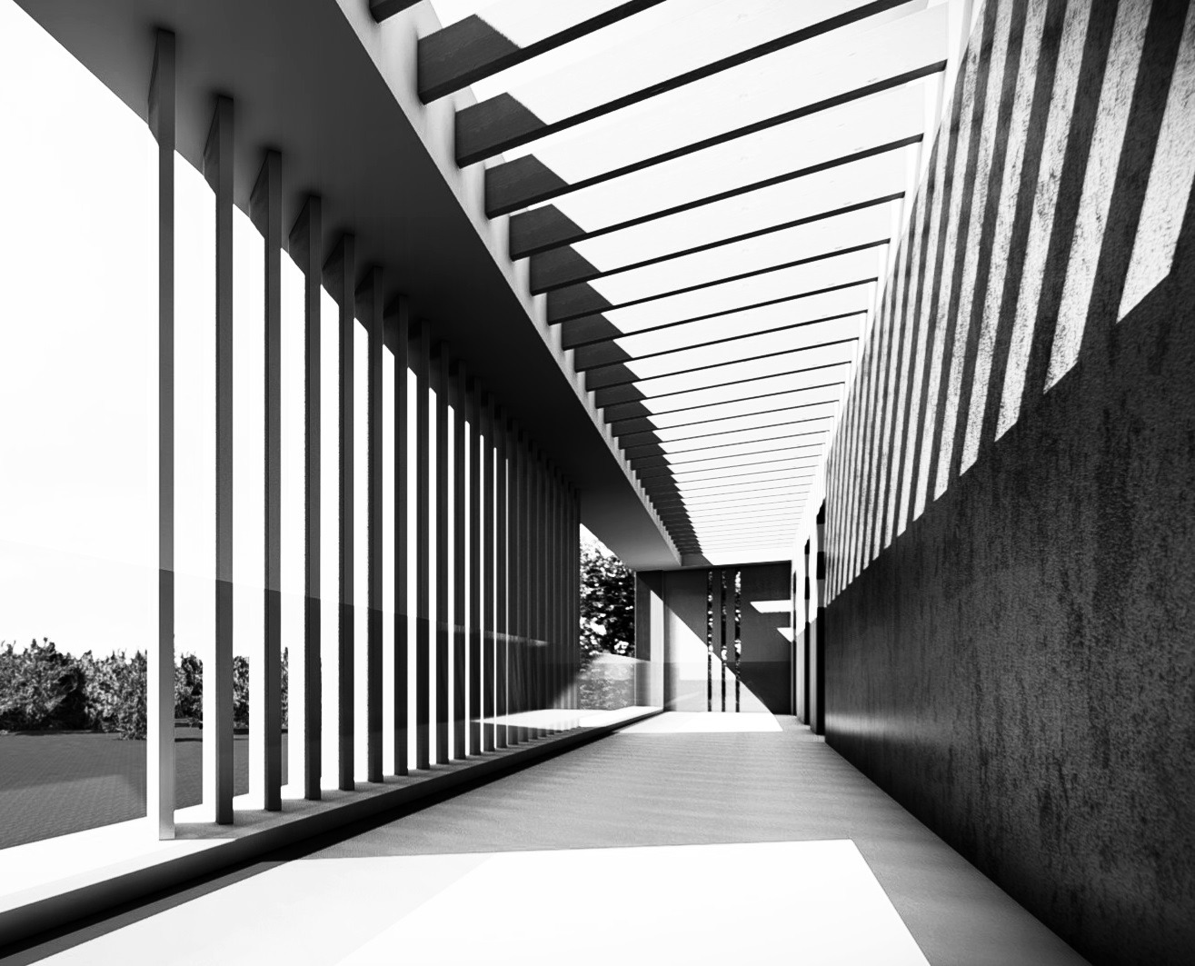 Czarno-biała wizualizacja korytarza budynku usługowego z ażurowym zadaszeniem, rzucającym geometryczne cienie na ścianę i podłogę, widok na zieleń na zewnątrz.