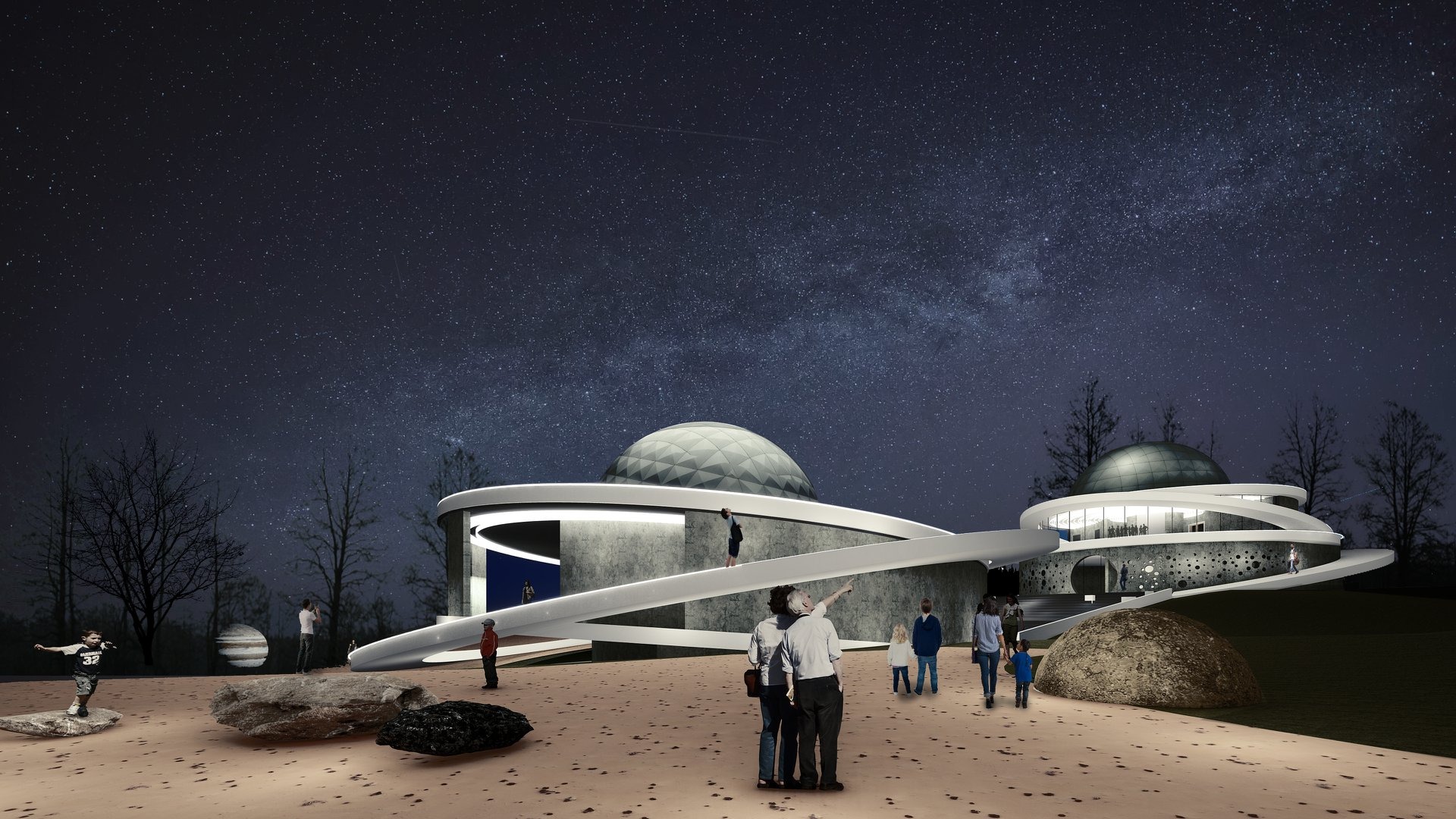 Wizualizacja budynku obserwatorium astronomicznego z kopułą i spiralnym chodnikiem, nocne tło z gwiazdami, postacie ludzi w różnych miejscach.
