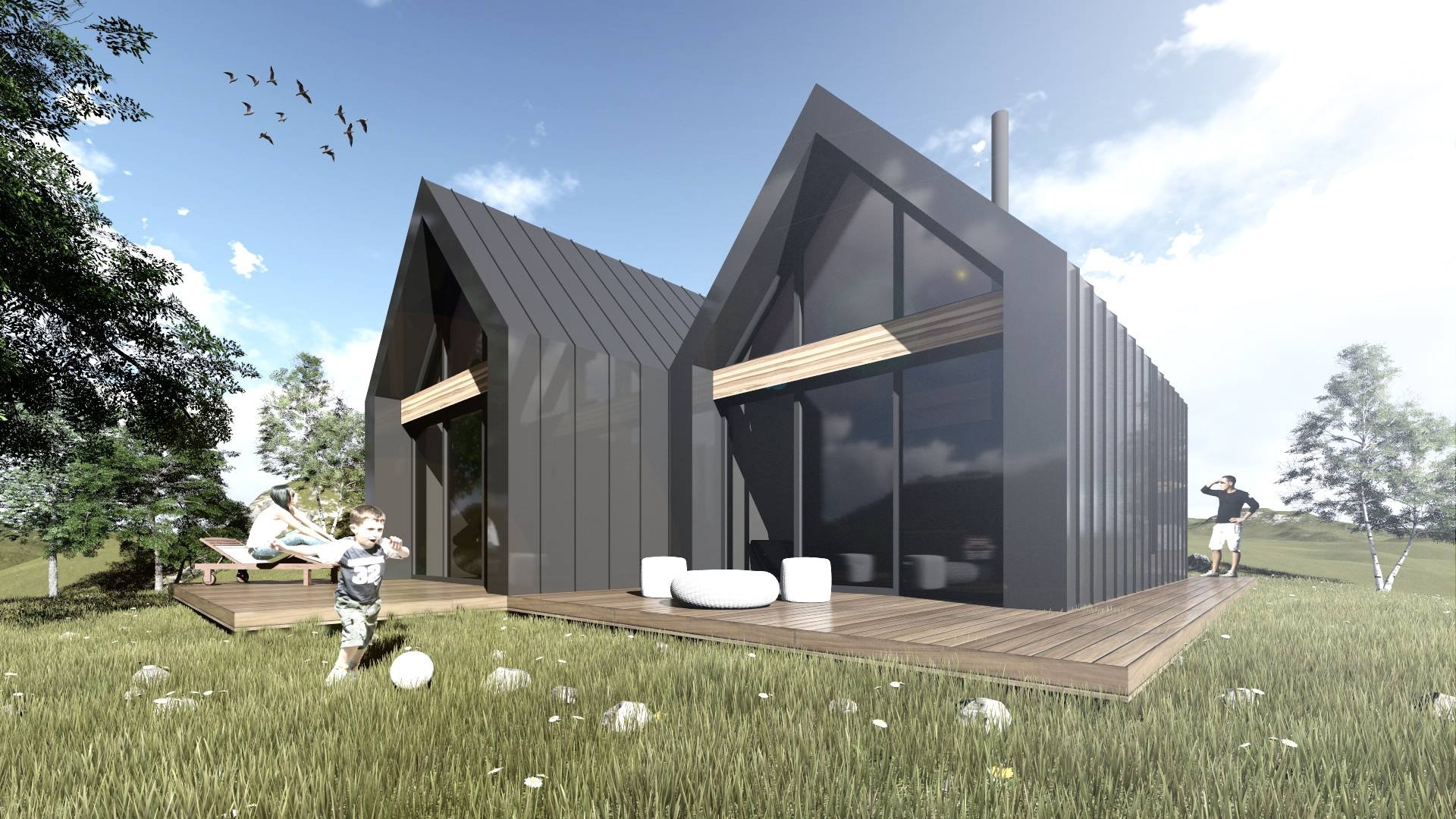 Wizualizacja dwóch nowoczesnych, minimalistycznych domów z ciemną elewacją i drewnianymi tarasami, otoczonych zielonym trawnikiem, z widocznymi postaciami w tle i dzieckiem grającym w piłkę...
