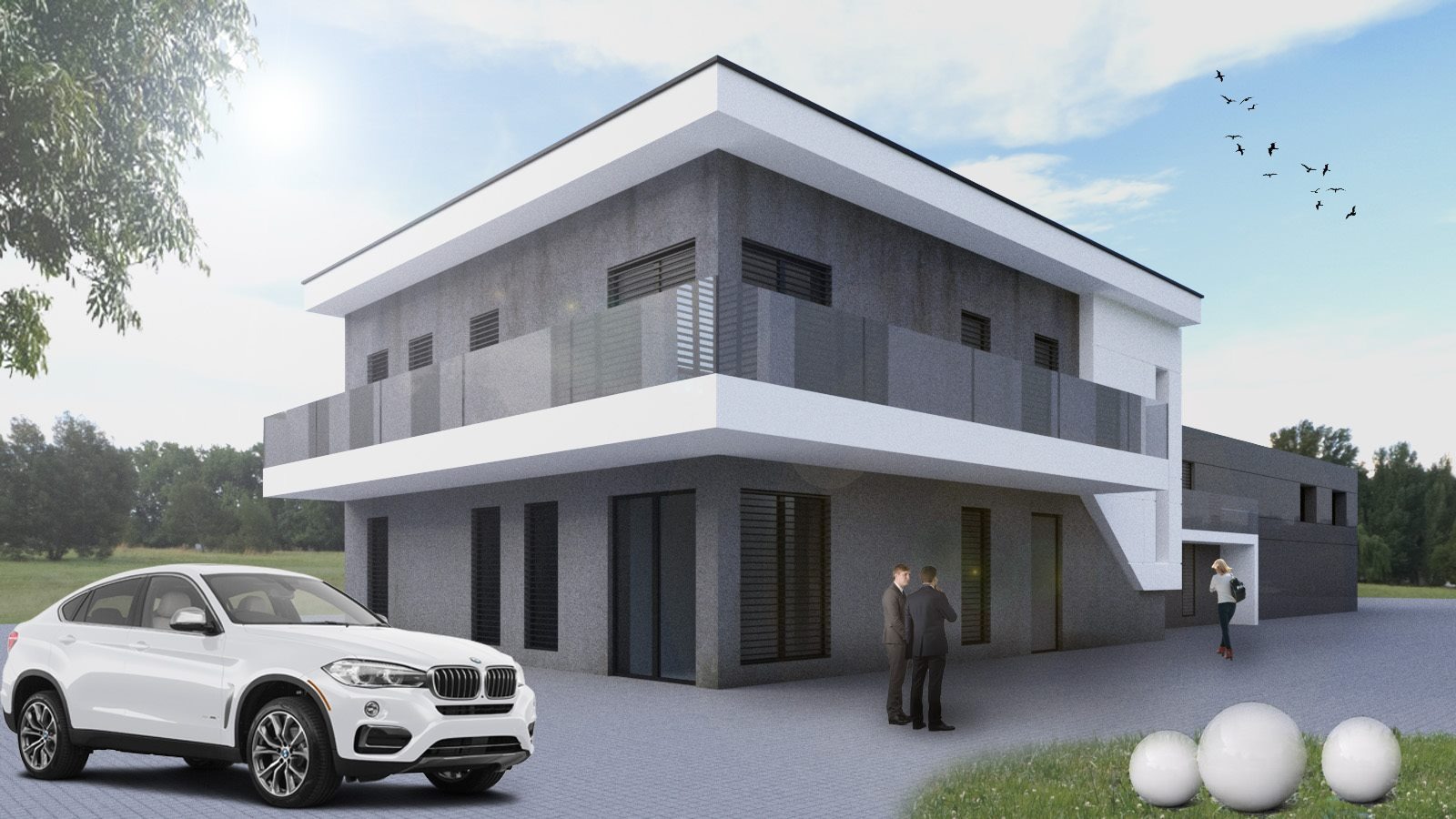 Wizualizacja nowoczesnego, dwukondygnacyjnego domu z płaskim dachem, szarej elewacji i białymi elementami, z białym SUV-em BMW X6 na pierwszym planie i dwoma mężczyznami w garniturach...