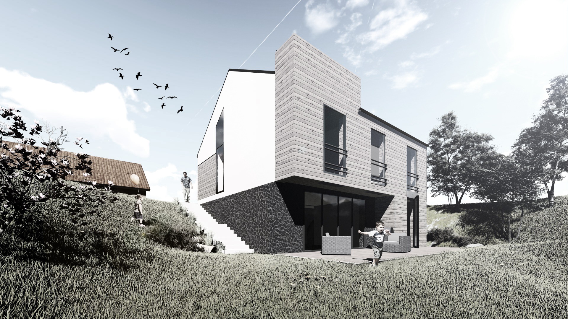 Wizualizacja nowoczesnego domu z elementami drewna i kamienia, z tarasem i schodami prowadzącymi do ogrodu, z sylwetkami ludzi i ptaków w tle.