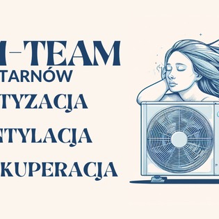 Grafika reklamowa firmy z Tarnowa, przedstawiająca stylizowaną kobietę opartą o jednostkę zewnętrzną klimatyzacji, z napisem 'M-TEAM TARNÓW KLIMATYZACJA WENTYLACJA REKUPERACJA'.