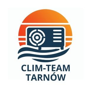 Logo firmy CLIM-TEAM Tarnów przedstawiające schematycznie klimatyzator na tle pomarańczowego słońca i fal wodnych.