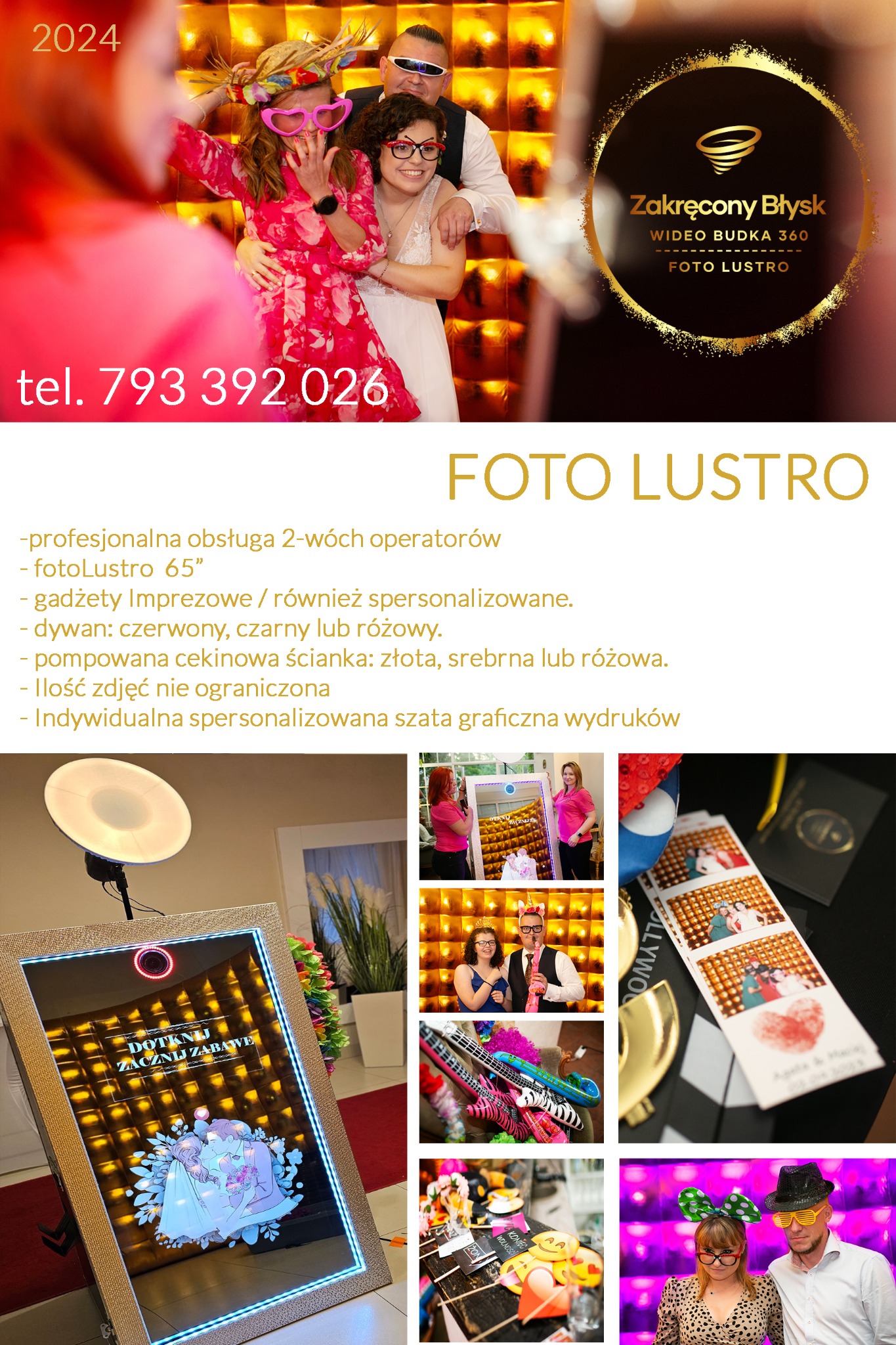 Trzy osoby pozują do zdjęcia w fotobudce z napisem 'Dotknij i zacznij zabawę' i dekoracją kwiatową, z widocznym logo firmy 'Zakręcony Błysk' oraz przykładowymi wydrukami zdjęć z imprezy.