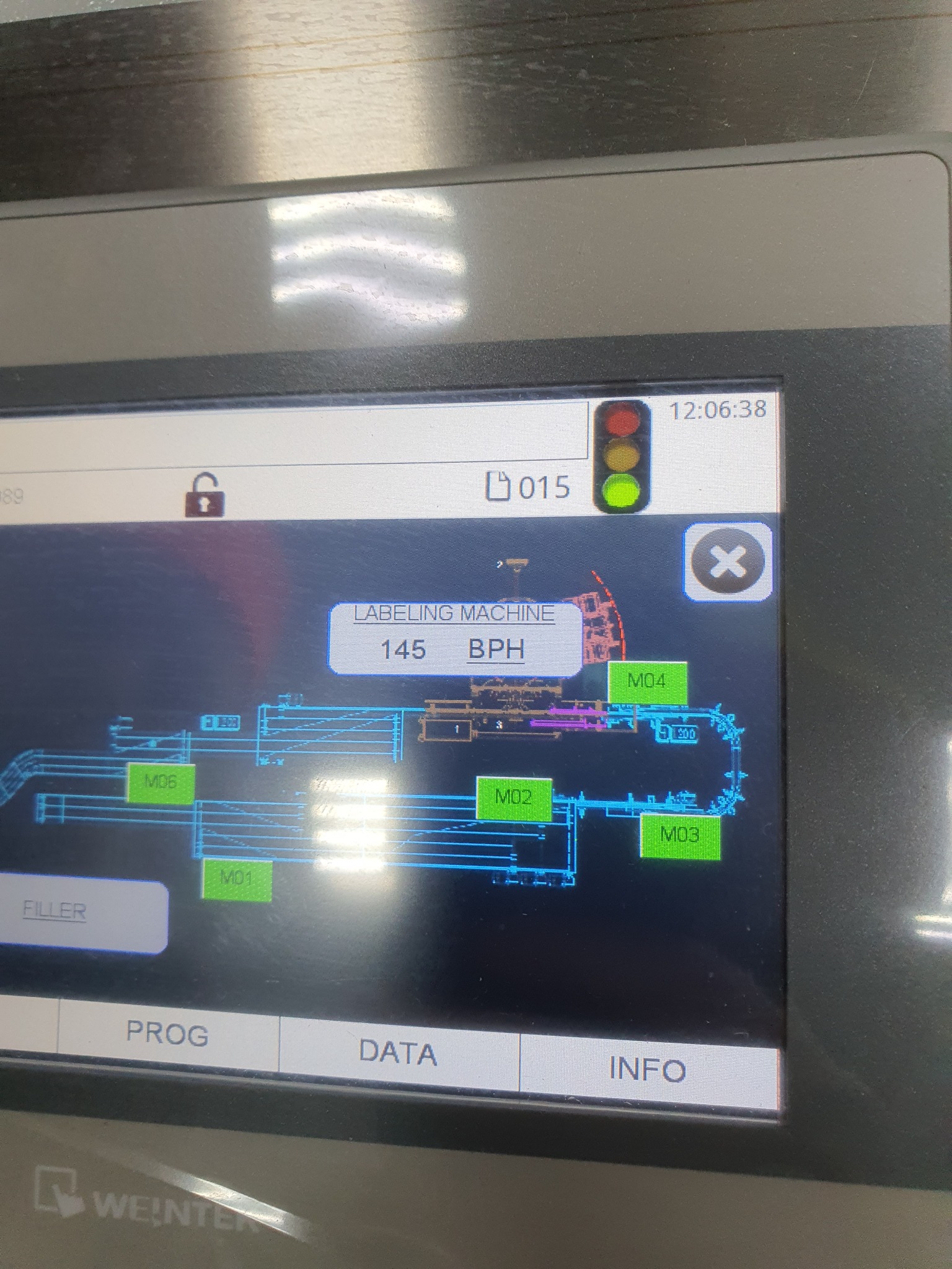 Ekran dotykowy panelu sterowania maszyny etykietującej z schematem linii produkcyjnej i wskaźnikiem sygnalizacji świetlnej, wyświetlający dane o wydajności 145 BPH.