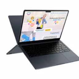 Laptop z otwartą klapą prezentujący stronę internetową firmy sprzątającej, widoczne logo firmy ESZAJN oraz hasło 'Profesjonalne Sprzątanie domów i biura'.