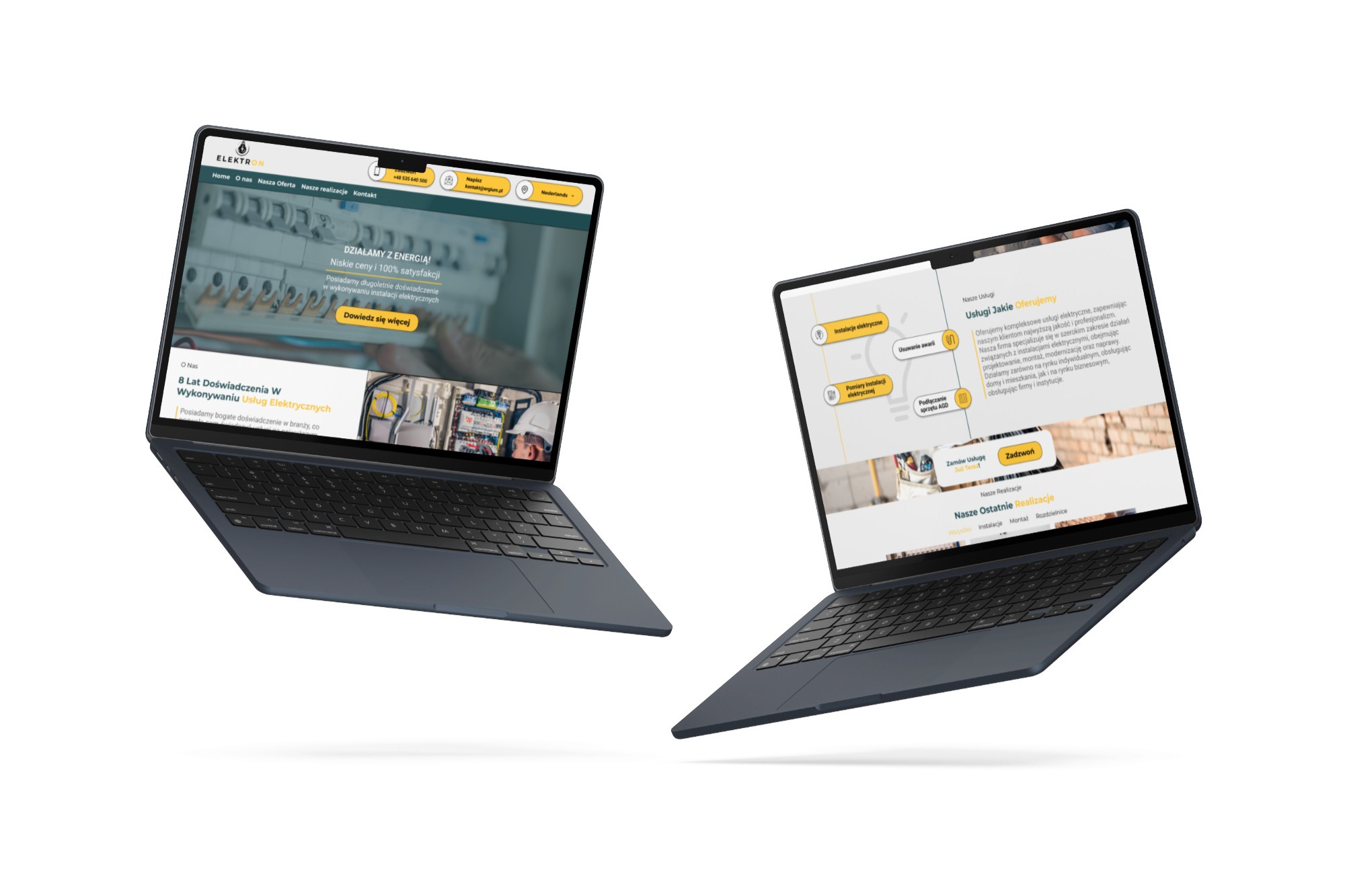 Dwa laptopy unoszące się w powietrzu, prezentujące strony internetowe firmy elektrycznej z ofertą usług instalacyjnych, pomiarów i usuwania awarii.