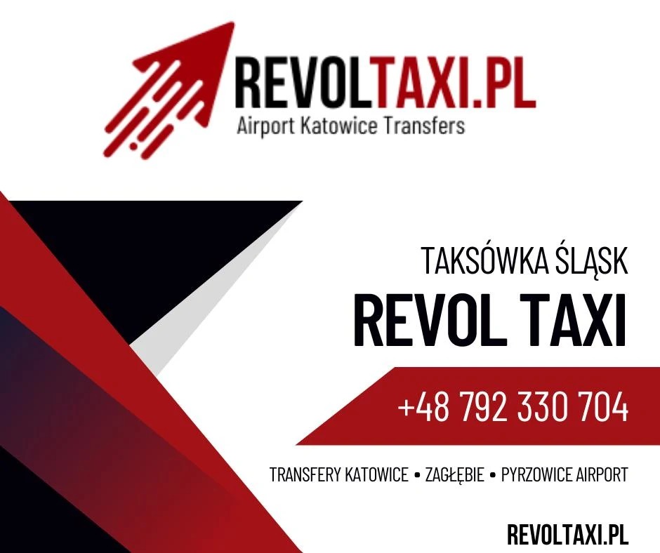 Grafika reklamowa firmy taksówkarskiej Revol Taxi ze Śląska, oferującej transfery na lotnisko Katowice-Pyrzowice, z logo w postaci czerwonej strzały i numerem telefonu.
