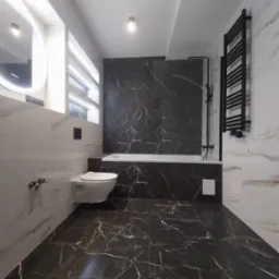 Elegancka łazienka w czarno-białej kolorystyce z wanną, podwieszaną toaletą, grzejnikiem drabinkowym i oświetleniem LED w niszach ściennych.