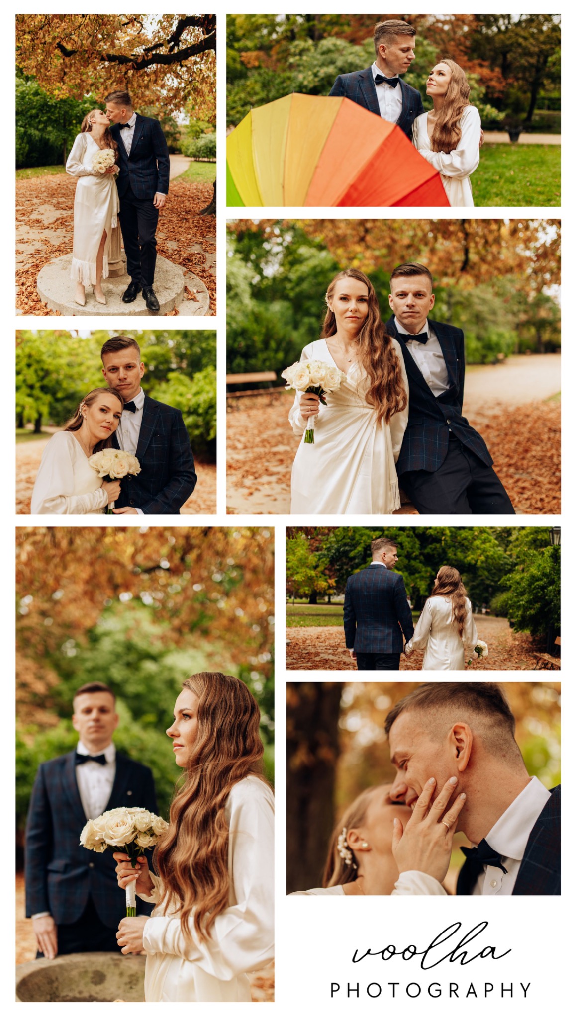 Kolaż z sesji plenerowej pary młodej w jesiennym parku: pocałunek, uśmiechy, kolorowa parasolka, bukiet białych róż, elegancki garnitur w kratę, zwiewna suknia z frędzlami.